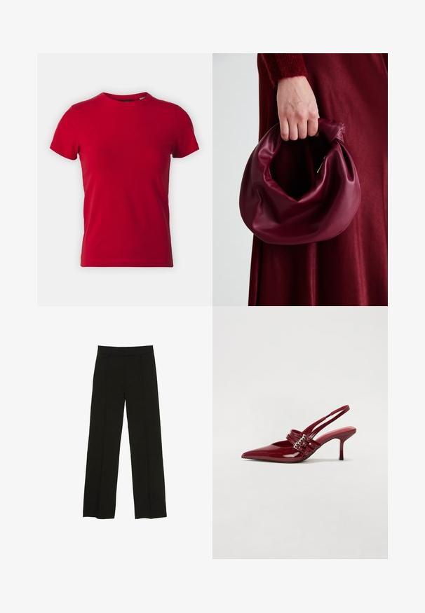 Piros pamut póló rövid ujjal és kerek nyakkivágással. Sima felület, klasszikus fazon, nincs látható minta vagy fémrész.; Fekete, bő szárú nadrág sima anyagból, melynek kényelmes derékrésze és diszkrét elülső redők adnak extra textúrát.; Piros lakkbőr slingback sarokcipő, hegyes orral, két csatoló pánttal és vékony, közepes magasságú stiletto sarokkal. Simább textúrájú.; Burgundi bőrtáska puhán ráncolt dizájnnal és kerek alakban. A fogantyú rögzítve van, sima textúrával rendelkezik.