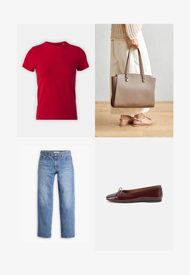 Raudona medvilninė marškinė su trumpomis rankovėmis ir apvalia iškirpte. Lygi tekstūra, klasikio kirpimo, be matomų raštų ar metalinių akcentų.; Svetlūs mėlyni džinsai su tiesiu kojų siluetu, penkių kišenių ir užtrauktuku. Audinys turi klasiką atitinkantį tekstūrinį paviršių su nežymiu nusidėvėjimu.; Bordo lakiotos odos baleto bateliai su apvalia nosimi, maža kaspinėlio akcentu priekyje ir žema juoda guma padanga. Lygi tekstūra.; Ruda sintetinė pirkinių maišeliai su dviem ilgomis rankenomis, kvadratiniais metaliniais akcentais ir subtiliu logotipu. Dėvimas su šviesiai kreminėmis sijonais ir basutėmis.