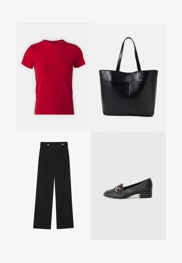 Rød bomulls t-skjorte med korte ermer og rund hals. Glatt tekstur, klassisk passform, ingen synlige mønstre eller hardware-detaljer.; Svart vide bukser med høy midje, knappdetaljer på midjebåndet og frontplisser.; Sorte skinnloafers med flat hæl, med dekorativ detalj i gull foran og en jevn tekstur.; Svart lær toteveske med to lange håndtak, en glatt tekstur og en strukturert form. Har en frontlomme for ekstra oppbevaring.