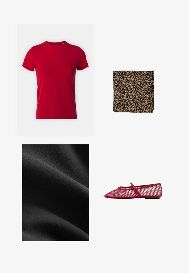 Rode katoen T-shirt met korte mouwen en een ronde hals. Soepele textuur, klassieke pasvorm, geen zichtbare patronen of hardwareaccenten.; Zwarte stof met een gladde, matte textuur, met subtiele variaties in tint en vezel, gedrapeerd om zachte rondingen en diepte te onthullen.; Rode mesh ballerina's met een spitse neus, voorzien van een dunne band en een gespdetail. De bovenkant heeft een open honingraatpatroon.; Luipaardprintstof in beige met zwarte vlekken, gladde textuur, rechthoekige vorm en geplooid met afgewerkte randen.; Bordeaux schoudertas van glanzend materiaal, met een gebogen vorm en een geplooide textuur. Een korte handgreep en zichtbare ritssluiting zijn aanwezig.
