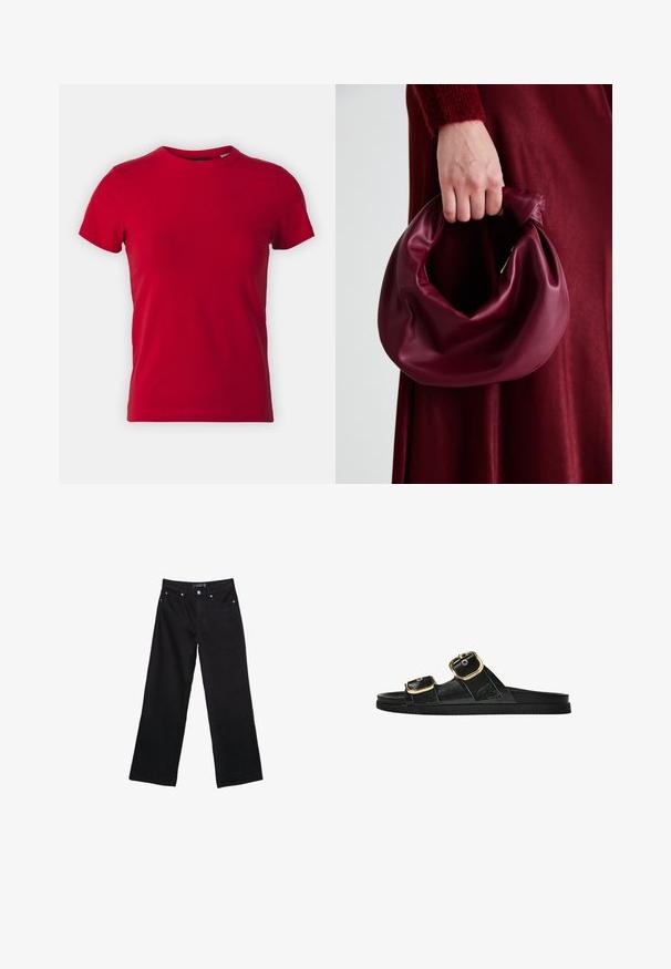Rdeča bombažna majica s kratkimi rokavi in okroglim izrezom. Gladka tekstura, klasičen kroj, brez vidnih vzorcev ali kovinskih poudarkov.; Črne široke hlače iz denima z visokim pasom, vidnimi šivi in štirimi žepi. Tkanina ima mehko, gladko teksturo z minimalnim sijajem.; Črne drsne sandale z dvema zlatima zaponkama, gladkega materiala, ravnim podplatom in minimalističnim dizajnom.; Bordo usnjeni ročni torbici s mehak, nabrana zasnova in okrogla oblika. Ročaj je varen in prikazuje gladko teksturo.