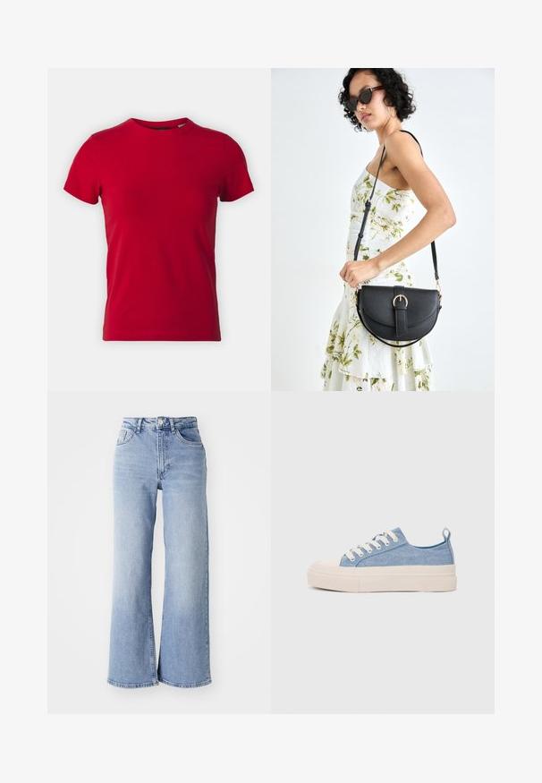 T-shirt de algodão vermelho com mangas curtas e gola redonda. Textura suave, corte clássico, sem padrões visíveis ou detalhes metálicos.; Jeans de cintura alta, de perna larga, em azul claro, com bolsos frontais e traseiros, fecho de botão e desbotamento subtil nas coxas e nas bainhas.; Ténis de lona azul claro com uma biqueira e sola de borracha creme, apresentando atacadores brancos e uma alça na parte de trás.; Bolsa de couro preta com forma curva, alça destacável e detalhes em dourado. A bolsa possui uma aba com detalhe de fivela.