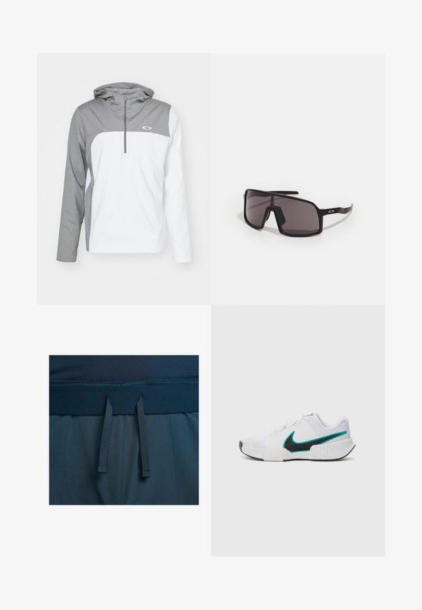 Leichte Pulli-Jacke mit einem grauen oberen Bereich, einem weißen unteren Bereich und einem Reißverschlusskragen. Verfügt über eine Kapuze und ein Logo auf der Brust.; Dunkelblaue Sportshorts mit einem glatten Bund, verstellbaren Kordeln und einem strukturierten Stoff.; Weißer Sportschuh mit strukturiertem Mesh-Obermaterial, schwarzer Gummisohle und türkisfarbenem Nike-Swoosh-Akzent. Verfügt über Schnürsenkel und gepolsterten Kragen.; Schwarze rechteckige Sonnenbrille mit dunklen Gläsern, breitem Rahmen und schlanken schwarzen Bügeln. Verfügt über ein Logo an den Schläfen. Glatte Textur.