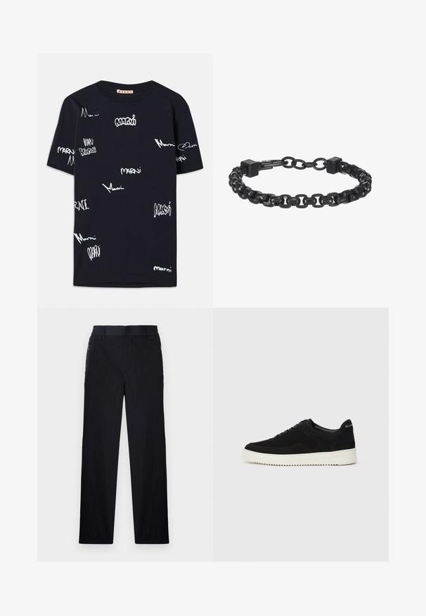 Sort kortærmet t-shirt med spredt hvid tekst, logodesign og varierende håndskriftsstile over stoffet.; Sorte bukser i let, struktureret stof, med lige ben, elastisk talje og sidelommer med lynlås.; Sort ruskinds sneaker med snørebånd og kontrasterende hvid gummisål. Har teksturerede sidepaneler og diskret branding på hælen.; Sort metal kædearmbånd med sammenflettede led, firkantede detaljer og en glat overflade. Justerbart design for optimal pasform.