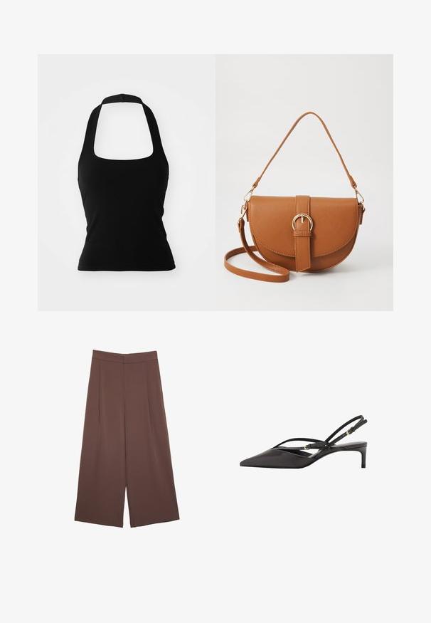 Top corto nero con allacciatura al collo, realizzato in tessuto elastico, caratterizzato da un scollo quadrato e un design minimalista senza decorazioni o fantasie.; Pantaloni ampi marroni con una texture liscia, caratterizzati da una vita alta e pieghe frontali. Il tessuto è leggero e scorre liberamente.; Pump slingback nera in pelle con punta affusolata, sottili cinturini alla caviglia e tacco a stiletto basso. Texture liscia con design minimalista.; Borsa a tracolla in pelle marrone con forma curvata, hardware dorato e un dettaglio con fibbia. Presenta una tracolla rimovibile.