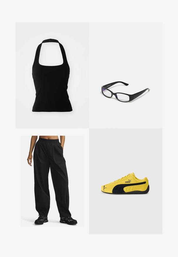 Schwarzes Trägershirt aus dehnbarem Material, mit einem quadratischen Ausschnitt und einem minimalistischen Design ohne Verzierungen oder Muster.; Schwarze, lässige Hose aus leichtem Stoff mit elastischem Bund, ausgestattet mit seitlichen Taschen und einer glatten Textur.; Gelbe Wildledersneaker mit schwarzen Wildlederelementen. Verfügt über eine strukturierte Sohle, ein Schnürdesign und das Puma-Logo an der Seite und auf der Zunge.; Schwarze rechteckige Brille mit klaren Gläsern. Glänzende Oberfläche, schmale Bügel und lila Tönung an den Rändern der Gläser sichtbar.; Silberne Kettenach aus einer zarten Kette mit einem polierten Kreuzanhänger. Die Kette ist filigran und das Kreuz hat ein elegantes, minimalistisches Design.