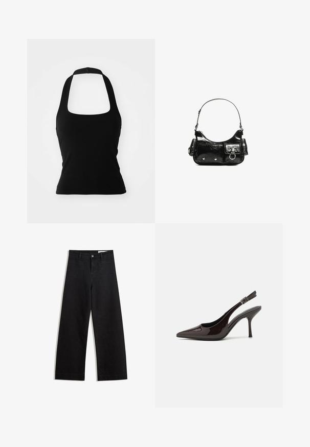 Czarny top na ramiączkach wykonany z elastycznego materiału, z kwadratowym dekoltem i minimalistycznym wzornictwem, bez ozdób ani wzorów.; Czarne dżinsowe spodnie o szerokich nogawkach i wysokim stanie, z przednimi i tylnymi kieszeniami, przeszyciami oraz zapięciem na guziki. Gładka struktura.; Sandały na obcasie typu slingback z błyszczącej ciemno-brązowej lakierowanej skóry, w szpic, z otwartymi bokami i regulowanym paskiem wokół kostki.; Czarna torebka z lakierowanej skóry o zaokrąglonym kształcie, z jednym paskiem na ramię, przednimi kieszeniami i akcentami w kolorze srebrnym.
