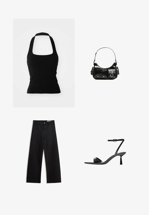 Černý halter top vyrobený z elastického materiálu, s čtvercovým výstřihem a minimalistickým designem bez ozdob nebo vzorů.; Černé denimové kalhoty s volným střihem a vysokým pasem, vybavené předními a zadními kapsami, prošívanými švy a knoflíkovým zapínáním. Hladká textura.; Bershka Sandály na vysokém podpatku - black; Černá lakovaná kožená kabelka s křivkovým tvarem, jedním ramenním popruhem, předními kapsami a stříbrnými kovovými detaily.