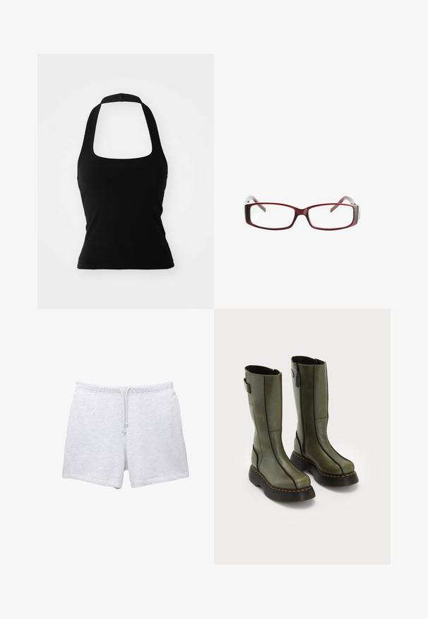 Černý halter top vyrobený z elastického materiálu, s čtvercovým výstřihem a minimalistickým designem bez ozdob nebo vzorů.; Světlé šedé bavlněné šortky s elastickým pasem a šňůrkou na zavazování. Mají měkkou texturu a rovný střih bez viditelných vzorů.; Pár olivově zelených kožených bot po lýtka s černými tlustými podrážkami a oranžovým prošíváním, s postranními zipy a detaily pásku na zadní části.}}; Červené obdélníkové brýle s elegantním designem. Průhledné čočky, mírně průsvitné stranice a přechodový efekt z červené do šedé.