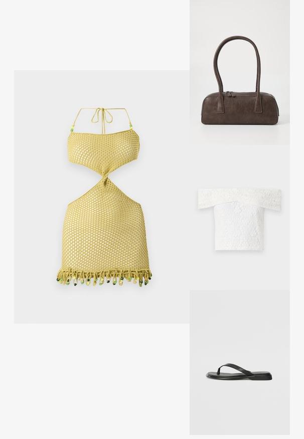 Top alb din dantelă, fără umeri, cu un model floral texturat, cu un corset structurat și o margine lată din dantelă la decolteu.; Rochie tricotată galbenă cu guler tip halter, având un design răsucit, laturi deschise și o margine franjurată decorată cu mărgele colorate.; Sandale negre din piele netedă, cu un design cu curea subțire și o talpă plată cu un profil minimalist. Fără modele sau accente notabile.; Geantă de mână din piele maro, cu două mânere rezistente, formă rectangulară, textură netedă și închidere cu fermoar. Design minimalist, fără modele vizibile.
