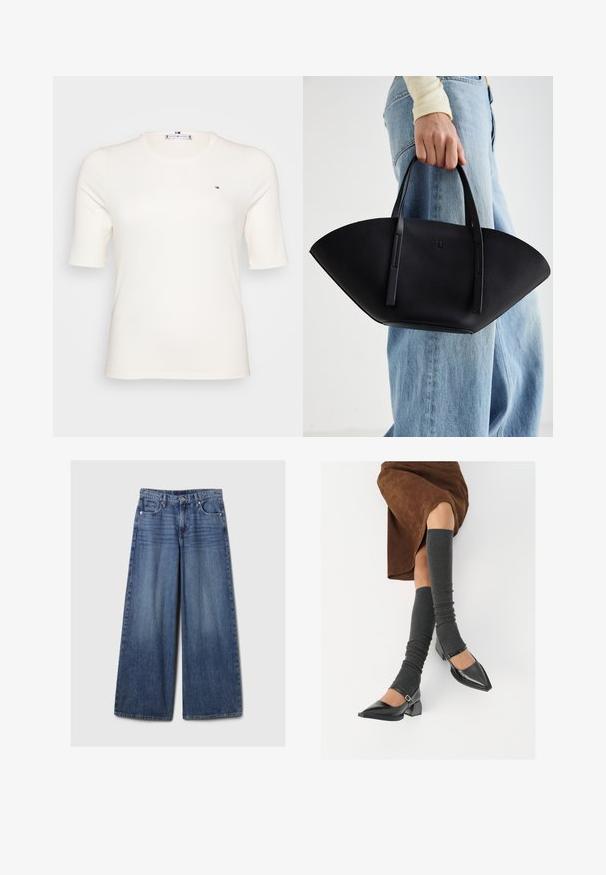 Camiseta de manga corta de color crema con textura acanalada y un pequeño logo en el lado izquierdo del pecho. Diseño casual y ajustado, adecuado para diversas ocasiones.; Jeans de mezclilla azul de pierna ancha con un acabado desgastado, que cuentan con un cierre de botón y cremallera, cinco bolsillos y cinturas.; Zapatos de charol negros con punta afilada, tacón bloque y tira de tobillo, combinados con calentadores de piernas de canalé grises y una falda de ante marrón.; Bolso de mano de cuero negro con una forma de abanico única, que cuenta con asas planas. La superficie tiene una textura de grano y un diseño minimalista.