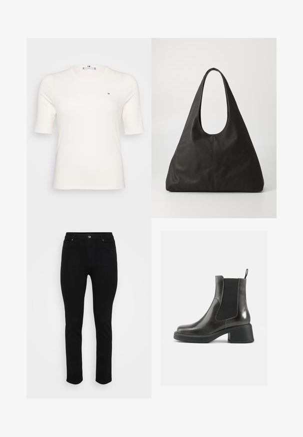 Ribbed, short-sleeve, cream-colored t-shirt with a small logo on the left chest. Casual, fitted design suitable for various occasions.; Black denim jeans with a slim fit, five-pocket design, front button closure, and slight stretch for comfort. Flat, smooth texture with minimal detailing.; Black leather ankle boots with a smooth finish, elastic side panels, and a chunky heel. Features a pull tab for easier wear.; Black leather tote bag with a curved handle, elongated triangular shape, and smooth texture. Features minimalist design with no visible hardware.; Silver metal earrings with a wavy, sculptural design featuring a polished finish and irregular shapes, highlighting a contemporary aesthetic.