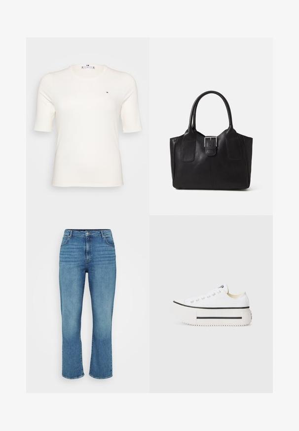 Ráncos, rövid ujjú, krém színű póló, kis logóval a bal mellrészen. Kényelmes, testhez álló fazon, amely különböző alkalmakra megfelelő.; Világoskék farmernadrág egyenes lábbal, öt zsebbel, övhurkokkal és finom fakulással az elején.; Fehér vászon platform edzőcipők fekete gumitalppal, kerek orrbetéttel és fém szemgyűrűkkel, amelyek egyszerű, letisztult dizájnnal rendelkeznek.; Fekete bőr bevásárlótáska sima textúrával, strukturált formával, két fogantyúval és egy figyelemfelkeltő ezüst csattal az elején.