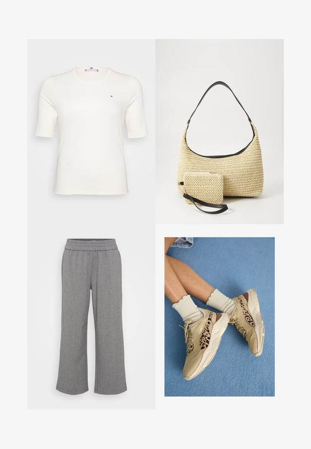 Hladký krémový tričko s krátkým rukávem a jemným žebrováním, s malým logem na levé části hrudi. Ležérní, přiléhavý design vhodný pro různé příležitosti.; Šedé kalhoty s širokými nohavicemi vyrobené z texturované látky s elastickým pasem. Mají jemný vzor, bez kapes nebo zapínání.; Nohy překřížené, obuté v béžových teniskách Puma s leopardím vzorem pruhů a krémových ponožkách s volánky na modrém koberci.; Tkaná slaměná taška s zakřiveným siluetou, která má hladký černý kožený popruh a odpovídající malou taštičku připevněnou zápěstním páskem.