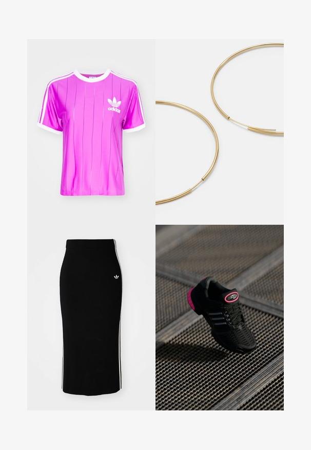 adidas Originals 3 S TEE - Majica kratkih rukava s printom - purple burst; Crna rebrasta midi suknja s prilagođenim dizajnom, koja ima bijele bočne pruge i mali bijeli grb s lijeve strane.; Crne atletske cipele s mrežastim gornjim dijelom, ružičastim detaljima i crnim prugama. Imaju teksturirani potplat i oznaku s logotipom na peti.; Zlatne kružne naušnice, tanke i okrugle, s glatkom metalnom površinom bez ukrasa ili uzoraka.