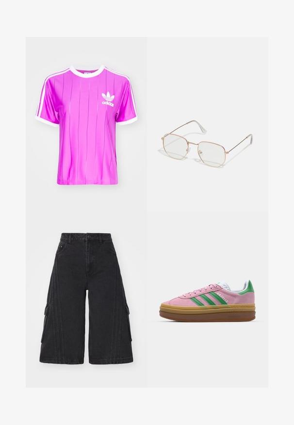 adidas Originals ADICOLOR 3-STRIPES PINSTRIPE - T-shirts print - purple burst; adidas Originals CAPRI - Denimshorts - black; Lyserøde ruskindsneakers med grønne striber, hvide accenter og en brun gummisål. Har tekstureret stof og logodetaljer på siden.; Rektangulære briller med en tynd, rosaguld metalramme. Klare linser, transparente stelflader og delikate detaljer omkring linserne.