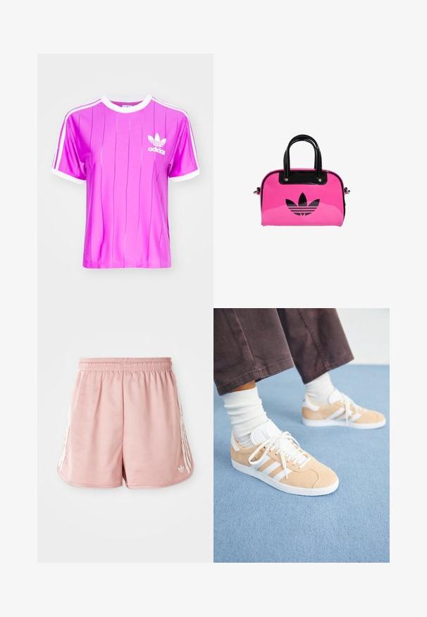 adidas Originals ADICOLOR 3-STRIPES PINSTRIPE - Apdrukāts T-krekls - purple burst; Rozā sporta šorti ar elastīgu jostu, sānu baltas stripes detaļas un neliels logotips apakšējā kreisajā frontē. Gluda auduma tekstūra.; Beidzas zamšādas kedas ar baltām akcentiem, ar trim svītrām, apaļu purngalu un reljefu zoli; kopā ar baltām sporta zeķēm.; Rozā lakota rokassoma ar melnu logo un rokturiem, ar noapaļotu formu un rāvējslēdzēja aizdari. Spīdīga tekstūra palielina redzamību.