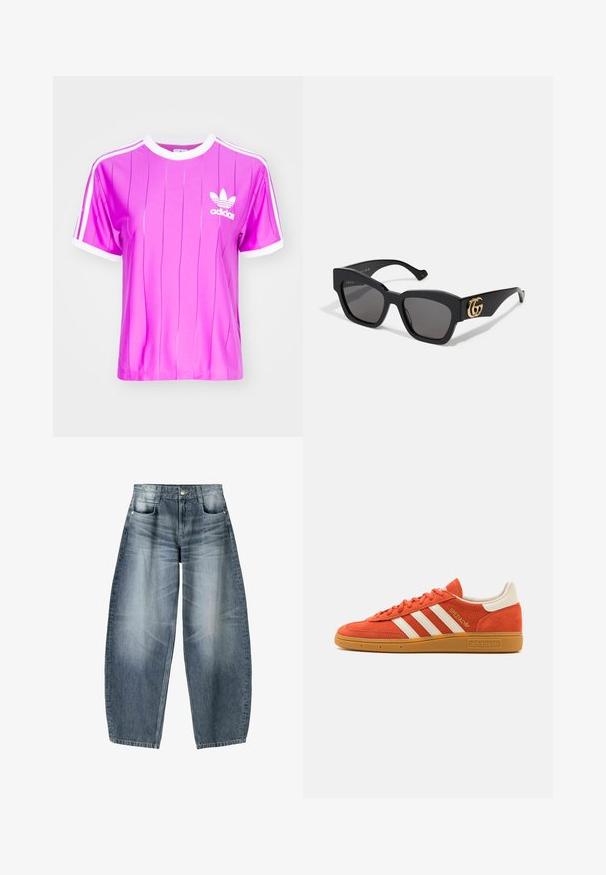 adidas Originals ADICOLOR 3-STRIPES PINSTRIPE - Triko s potiskem - purple burst; Džínsy s širokými nohavicemi vyrobené z světle modrého denimového materiálu s vybledlým vzhledem, s pěti kapsami, zapínáním na knoflík a minimálními stehy.; Oranžové semišové tenisky s bílými koženými detaily, s třemi bílými pruhy a gumovou podrážkou. Logo "Spezial" na jazyku.; Černé obdélníkové sluneční brýle s tmavými skly, na boku s zlatým logem GG. Vyrobené z lesklého plastu s rovnými stranami.