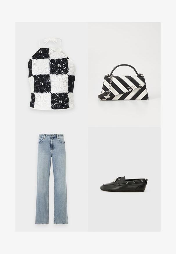 Top halter em crochê preto e branco com padrão de tabuleiro de xadrez, com motivos decorativos e fechamento com laço no pescoço.; Jeans de ganga de perna larga, azul claro. Apresenta um fecho com botão e zip, bolsos frontais e um desbotado subtil. Bainhas limpas.; Sapatos de barco em pele preta com bico arredondado, atacadores na frente, ilhós de metal e sola plana. Possui uma pequena aba na parte de trás.; Bolsa de mão às riscas pretas e brancas com um formato estruturado, apresentando uma alça superior, uma alça de corrente destacável e um detalhe em logotipo metálico.