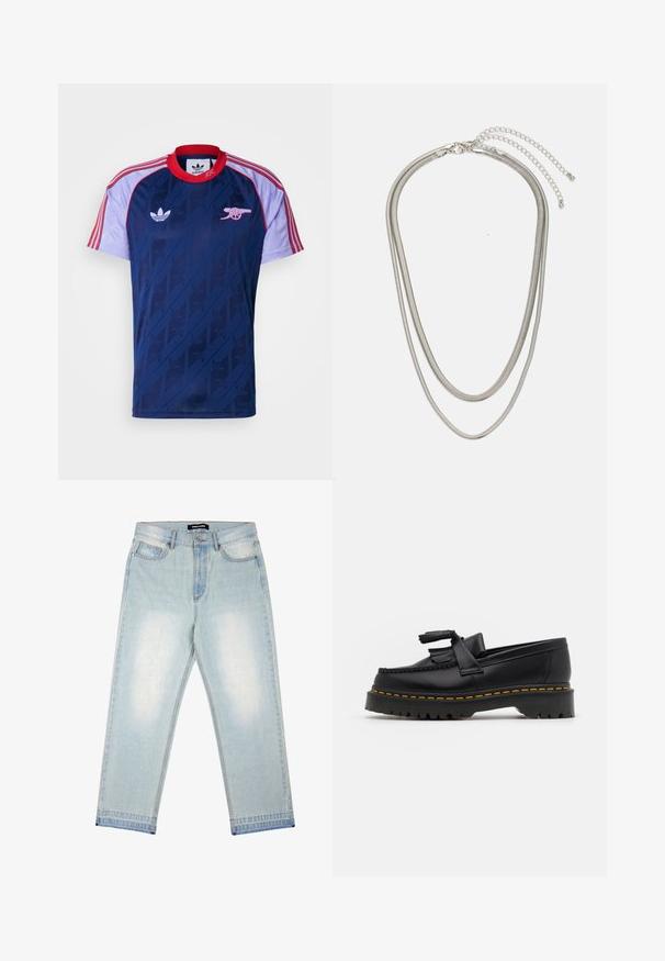 Tummansininen urheilupaita, jossa on kontrastiväriset punaiset ja vaaleanpurppurat hihat, embléma ja hillitty graafinen kuvio rungossa.; Pegador BARROW - Loose fit -farkut - sand washed blue; Musta nahkakengät, joissa on tupsuakkentti, paksu musta pohja ja keltainen ommel reunassa. Rakeinen pinta.; Kolmikerroksinen hopeametallinen kaulakoru, jossa on tyylikkäitä, joustavia ketjuja, joissa on hieno kiilto. Kaulakoru on kiinnitetty hummerilukolla ja siinä on säädettävä ketju.