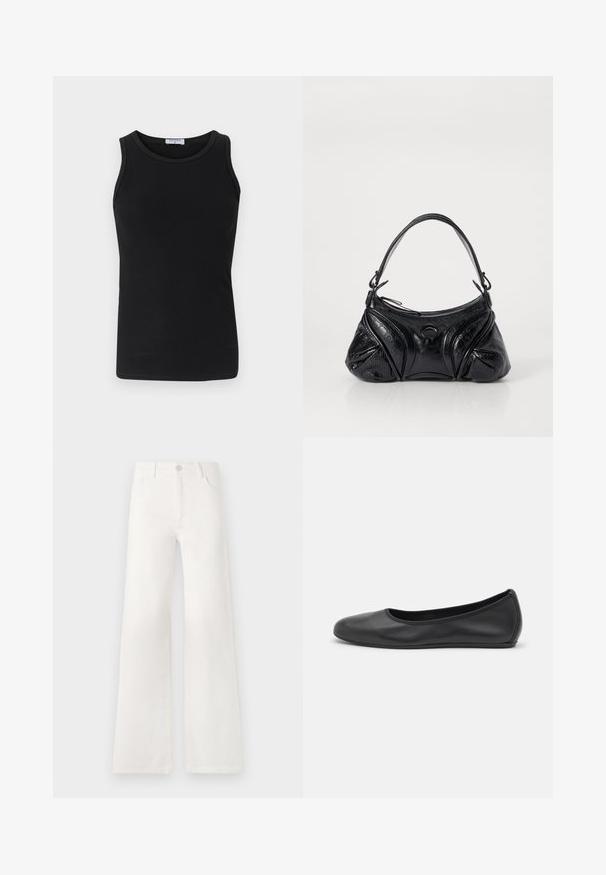 Svart ribbad linne med rund halsringning och ärmlös design. Tillverkad av sträckbart tyg, har den en figurnära silhuett och rena kanter.; Vit långärmad skjorta i mjukt tyg, med krage och knappstängning framtill med ljusrosa knappar.; Vita, högmidjade jeans med vida ben i denim. Har en knappstängning, två framfickor och sidsömmar med stickningsdetaljer.; Svart läderballerinaskor med rund tå, slät yta, minimala söm detaljer och en flexibel sula.; Svart handväska i texturerat läder med rundad form. Har en tunn axelrem och dekorativa präglade mönster.