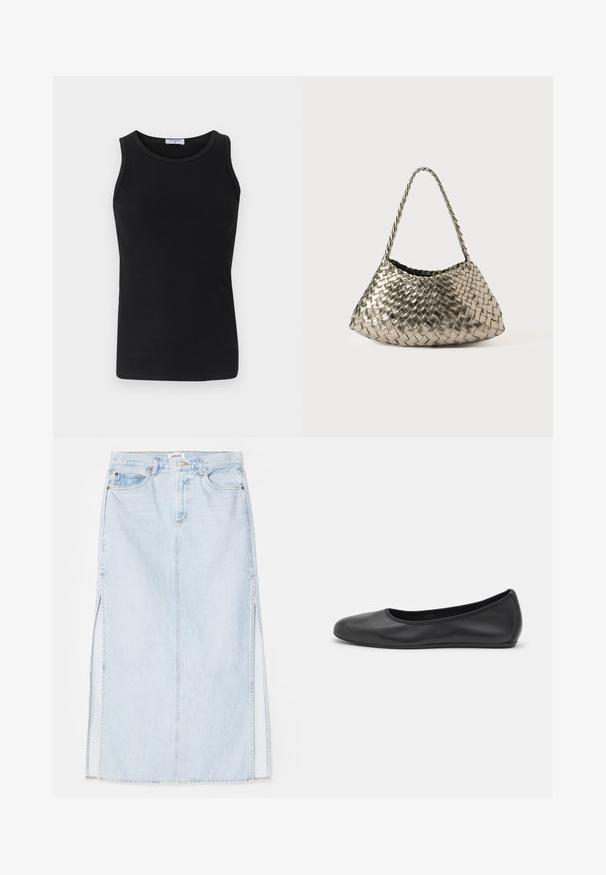 Black ribbed tank top with a round neckline and sleeveless design. Made from stretchable fabric, it features a fitted silhouette and clean edges.; Light blue denim maxi skirt with a straight cut, featuring side slits and five-pocket design. Prominent stitching and metal button closure.; Black leather ballet flat with a rounded toe, smooth texture, minimal stitching detail, and a flexible sole design.; Metallic woven handbag with a triangular shape, featuring a braided strap and a velvet-lined interior. Color: silver. Texture: smooth and fabric-like.