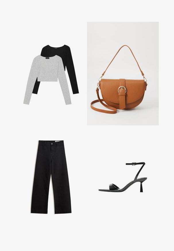 Tricouri scurte cu mânecă lungă în negru și gri deschis. Material moale cu decolteu în formă de cerc. Fiecare tricou are mâneci lungi și un design ajustat.; Pantaloni din denim negri cu picioare largi, cu talie înaltă, având buzunare frontale și posterioare, cusături dublate și închidere cu nasture. Textură netedă.; Bershka Sandale cu toc - black; Geantă din piele maro, tip crossbody, cu o formă curbată, accesorii aurii și un accent cu cataramă. Dispune de un curea de umăr detașabilă.