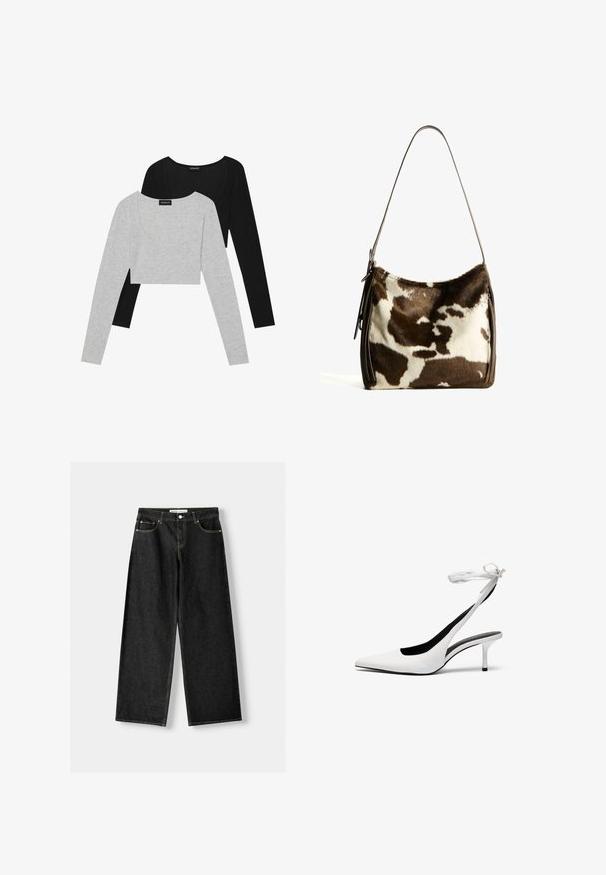 Langärmelige Crop-Tops in Schwarz und Hellgrau. Weicher Stoff mit Rundhalsauschnitt. Jedes Top hat lange Ärmel und ein tailliertes Design.; Schwarze Jeans mit weitem Bein aus Denim, mit fünf Taschen, metallischem Knopf und Reißverschluss und kontrastierenden gelben Nähten entlang der Nähte.; Weiße Slingback-Absätze mit spitzer Zehenpartie und dünnem Knöchelriemen. Glattes Leder, dünner Stiletto-Absatz und schwarze Innenauskleidung.; Braune und cremefarbene Kuhhaut-Umhängetasche mit einem glatten Ledertrageriemen, Reißverschluss und einer weichen, strukturierten Oberfläche mit einem natürlichen Muster.