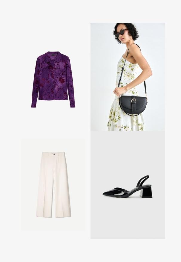 Fialová košeľa s dlhým rukávom a kvetinovým vzorom v tmavších odtieňoch. Vyrobená z mäkkej látky, s button-up prednou časťou a klasickým dizajnom goliera.; Krémové široké nohavice s nohavicami na mieru, s dvoma prednými vreckami a jedným predným zapínaním na gombík, vyrobené z hladkej tkaniny.; Čierne lakované kožené sandálové podpätky s špicatou špičkou a geometrickým blokovým podpätkom. Disponujú elegantným, minimalistickým dizajnom a hladkým povrchom.; Čierna kožená kabelka s zaobleným tvarom, odnímateľným popruhom a zlatými doplnkami. Kabelka má klopu s detailom s prackou.