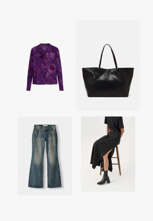 Lilla langærmet skjorte med et blomsterdesign i mørkere nuancer. Fremstillet af blødt stof med knaplukning foran og klassisk kravedesign.; Blå flared jeans med en falmet vask, fem lommer og knaplukning. Materialet viser en denimtekstur med subtile syninger.; Sort linned maxi-nederdel med en høj slids, båret med en sort t-shirt og sorte ankelstøvler. Minimalistisk design med en afslappet pasform.; Sort vævet tote bag med to robuste håndtag, der har en blank overflade og et rummeligt åbent top design.