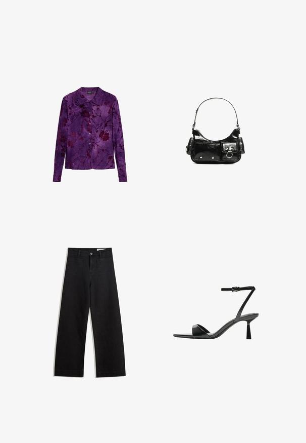Purple long-sleeve shirt with a floral pattern in darker shades. Made from soft fabric, featuring a button-up front and classic collar design.; Black wide-leg denim pants with a high waist, featuring front and back pockets, stitched seams, and a button closure. Smooth texture.; Bershka High heeled sandals - black; Black patent leather handbag with a curved shape, one shoulder strap, front pockets, and silver-tone hardware accents.