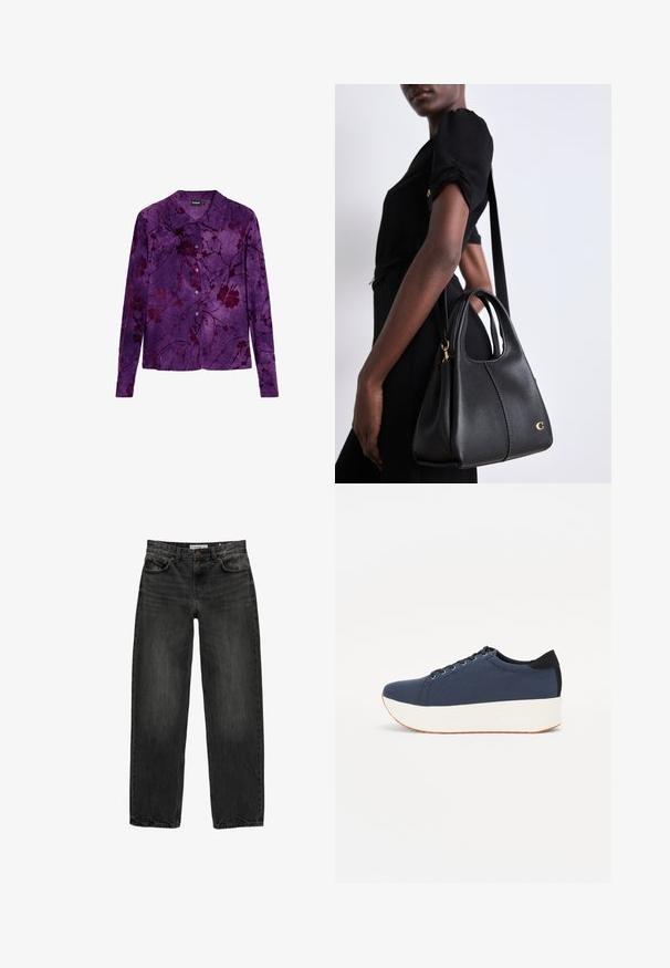 Lila, hosszú ujjú póló sötétebb virágmintával. Puha anyagból készült, gombos elülső résszel és klasszikus gallér stílusban.; Fekete farmernadrág laza szabással, egyenes szárakkal, öt zsebes dizájnnal és enyhén elhalványult textúrával. Elöl gombos és cipzáras záródás.; Sötétkék sportcipő, texturált szövet felsőrész, fehér platform talp, lekerekített orr és fekete sarok akcentussal. Hat fűzőlyuk található rajta.; Fekete bőr hobo alakú kézitáska, sima felülettel, lekerekített tetejével és aranyszínű fém kiegészítőkkel.