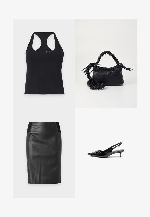 Schwarzes Tanktop aus glattem, elastischem Stoff mit Rundhalsausschnitt und Racerback-Design. Verfügt über einen geraden Saum und minimale Markenkennzeichnung.; Schwarzer Leder-Bleistiftrock mit einer taillierten Passform, glatter Textur und elastischen Taillenbund-Akzenten an beiden Seiten. Flacher Saum am unteren Ende.; Schwarze Slingback-Pumps aus Leder mit spitz zulaufender Schuhspitze, niedrigem Kitten-Heel und gerafftem Detail am Vorderblatt. Glatte Textur und minimalistisches Design.; Schwarze Handtasche aus Kunstleder mit Krokodilstruktur, gerafftem oberen Teil und einem geschoppten Tragegurt. Sie wirkt weich und kompakt im Design.