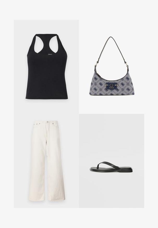 Melnā bezpiedurkņu topa izgatavots no gludas, elastīgas auduma, ar apaļu kakla izgriezumu un sacīkšu aizmuguri. Ievērojama taisna apakšmala un minimāla zīmola identifikācija.; Biezi balti platmalu džinsi ar aukliņas jostu, priekšējiem kabatām un nemanāmajiem šuvju dekoratīvajiem elementiem. Izgatavoti no izturīga kokvilnas materiāla.; Melni flip-flopi, kas izgatavoti no gludas ādas, ar plānu siksniņu dizainu un plakanu zoli ar minimālu profilu. Nav ievērojamu rakstu vai akcentu.; Mīksta hobo stila rokassoma dziļi zilā audumā ar dimanta rakstu, apvienojot logotipa plāksni un gludu plecu siksnu. Strukturēta virsma.