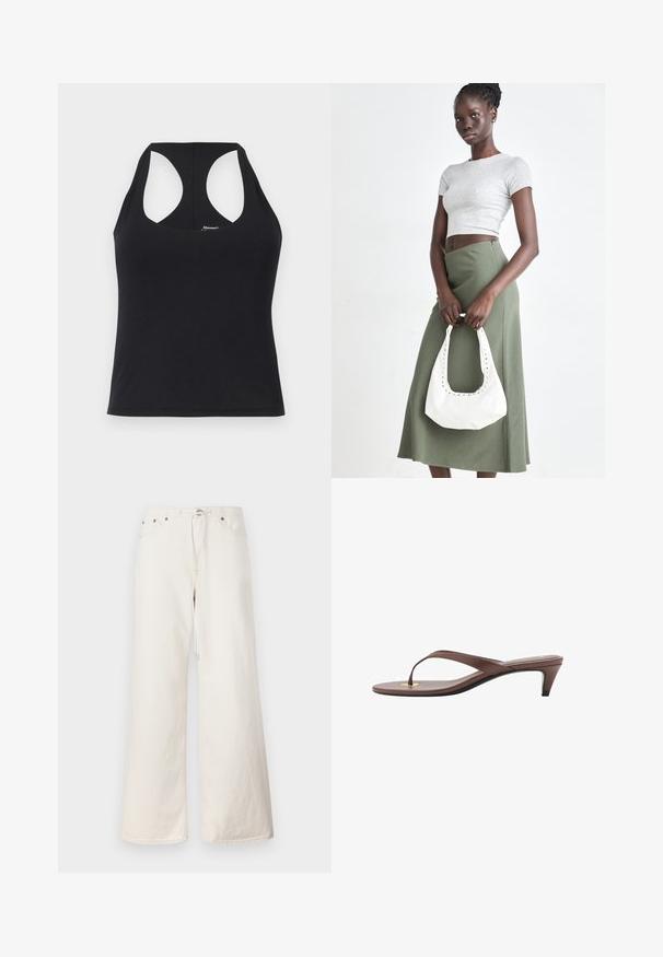 Black tank top made of smooth, stretchy fabric with a scoop neck and racerback design. Features straight hem and minimal branding.; White wide-leg denim pants featuring a drawstring waist, front pockets, and subtle stitching details. Made from sturdy cotton material.; Brown heeled flip-flop sandal with a slender strap and rounded toe post, featuring a small gold accent on the footbed.; Gray ribbed crop top and olive green high-waisted skirt. Model holds a white shoulder bag with cut-out detailing. Simple design, fitted silhouette.