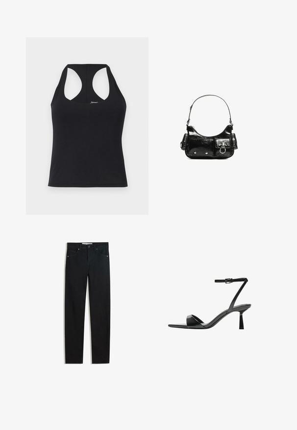 Zwarte tanktop van gladde, rekbare stof met een ronde halslijn en racerback ontwerp. Beschikt over een rechte zoom en minimale branding.; Zwarte denimbroek met een recht silhouet, vijf zakken, metalen knoopsluiting en subtiele stikdetails. Gladde textuur.; Bershka Sandalen met hoge hak - black; Zwarte laarzen in lakleer met een gebogen vorm, één schouderband, voorvakken en accenten in zilverkleurig metaal.