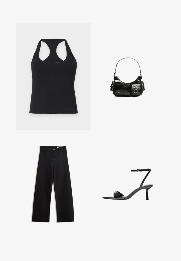 Zwarte tanktop van gladde, rekbare stof met een ronde halslijn en racerback ontwerp. Beschikt over een rechte zoom en minimale branding.; Zwarte denim broek met wijde pijpen en een hoge taille, voorzien van voor- en achterzakken, gestikte naden en een knoopsluiting. Gladde textuur.; Bershka Sandalen met hoge hak - black; Zwarte laarzen in lakleer met een gebogen vorm, één schouderband, voorvakken en accenten in zilverkleurig metaal.
