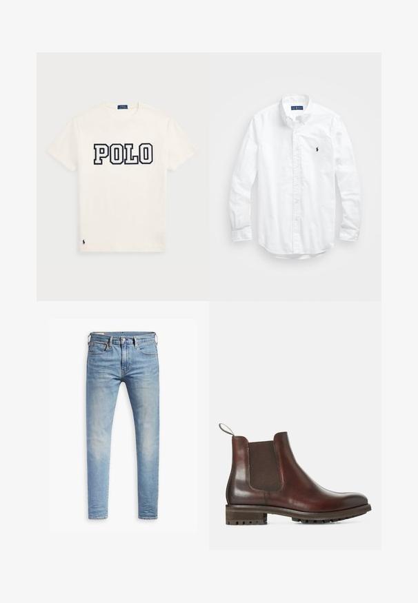 White cotton t-shirt featuring "POLO" in large navy letters across the chest, with a small navy logo on the hem. Classic crew neck design.; White long-sleeve button-up shirt in cotton. Features a classic collar, button cuffs, and a small navy embroidered logo on the chest.; Light blue slim-fit jeans with slight fading on thighs, front button closure, belt loops, and five-pocket styling on a white background.; Brown leather Chelsea boots with elastic side panels, pull tab, and textured rubber sole. Smooth finish with sturdy low heel.
