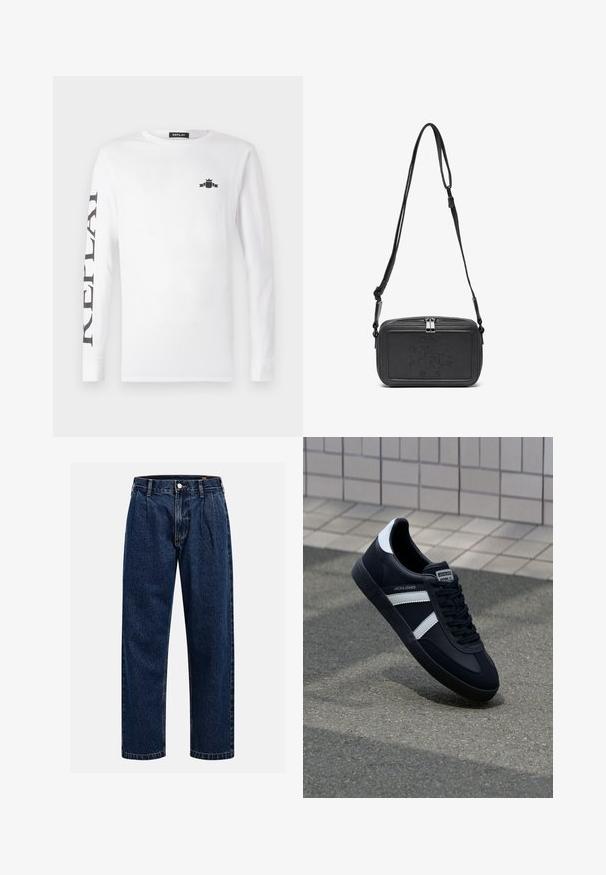 White long-sleeve T-shirt made of cotton, featuring a black logo on the chest and "REPLAY" printed vertically down the left sleeve.; Dark blue denim jeans with a straight-leg design. Features visible stitching, a button closure, and front pleats for added detail.; Black leather sneaker with white stripes, textured rubber sole, and lace-up front. Features a branded label on the tongue.; Black leather crossbody bag with a zip closure, embossed logo on the front, and adjustable strap. Smooth texture with a rectangular shape.