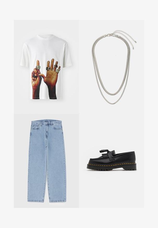 Jordan JORDAN FLIGHT MVP - T-shirt med print - sail black; Ljusblå denimjeans med rak bendesign, midjehög midja, fem fickor samt knapp- och dragkedjestängning.; Svart läderloafer med en tofsdetalj, med en kraftig svart sula och gul söm längs kanten. Strukturerad yta.; Tre-lager silvermetallhalsband med eleganta, flexibla kedjor med en svag glans, säkrad med ett kräftklämma och justerbar kedja.