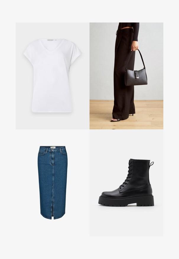 Valge V-kaelusega T-särk lühikeste, volditud varrukatega, valmistatud siledast kangast. Omab vaba lõiget ja lihtsat kujundust ilma mustrite või detailideta.; Tumedast denimist seelik, millel on ees lõhik, viis taskut ja kontrastne õmblus. Keskmise kõrgusega talje klassikalise disainiga.; Mustad mustad nahast pahkluu saapad ümarate varvastega, nööridega esiosas ja paksu kummist talla ning tekstuuritud mustriga. Tagumine tõmbeaas.; Must musta kott, millel on struktureeritud kuju, sile tekstuur ja metallist klamber. Kombineeritud laiate mustade pükstega ja avatud varvaste sandaalidega puidust põrandal.