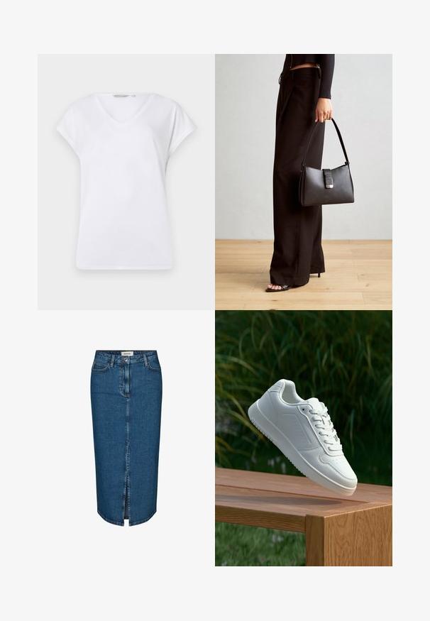 Valge V-kaelusega T-särk lühikeste, volditud varrukatega, valmistatud siledast kangast. Omab vaba lõiget ja lihtsat kujundust ilma mustrite või detailideta.; Tumedast denimist seelik, millel on ees lõhik, viis taskut ja kontrastne õmblus. Keskmise kõrgusega talje klassikalise disainiga.; Valged sneakerd, millel on sile sünteetiline ülemine osa, väikeste aukudega varvaskast, lamedad paelad ja tekstuuriga tald, eksponeeritud puidust pinnal.; Must musta kott, millel on struktureeritud kuju, sile tekstuur ja metallist klamber. Kombineeritud laiate mustade pükstega ja avatud varvaste sandaalidega puidust põrandal.