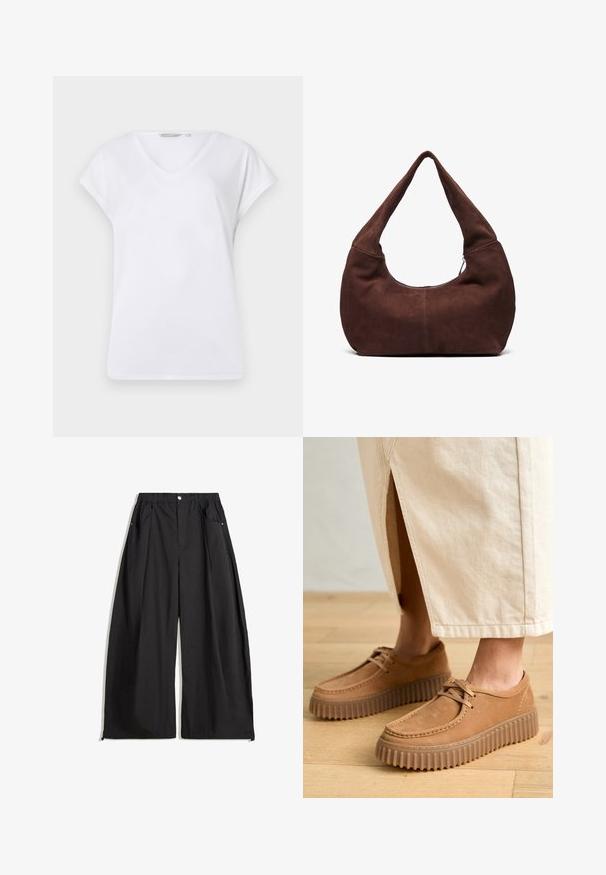 Hvid V-hals T-shirt med korte, oprullede ærmer, lavet af glat stof. Har en afslappet pasform og et simpelt design uden mønstre eller detaljer.; Sorte vide bukser med høj talje, der har plisseringer, en frontlukning med knap og to sidelommer. Fremstillet af stof med en struktureret overflade.; Brune lædersko med en tekstureret overflade, rund tå og tykke, ribbede såler. Snøre og syningsdetaljer forbedrer designet.; Brun ruskinds hobo taske med et buet, bredt håndtag og en stor åbning. Blød tekstur med synlige stikninger langs kanterne.