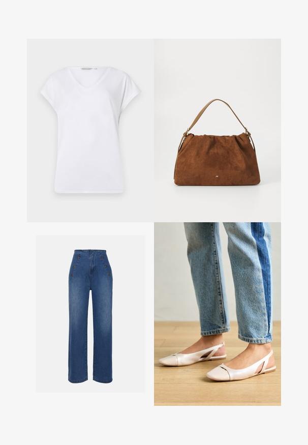 Weißes V-Ausschnitt-T-Shirt mit kurzen, aufgerollten Ärmeln, aus glattem Stoff gefertigt. Verfügt über einen lässigen Schnitt und ein einfaches Design ohne Muster oder Akzente.; Hochgeschnittene Jeans aus Denim in mittlerem Blau. Besitzt auffällige Knopfdetails vorne und einen weit geschnittenen Stil. Der Stoff hat eine glatte Textur mit leichten Ausbleichungen.; Blassrosa Slingback-Ballerinas mit spitzem Punkt, aus einem glatten, lederähnlichen Material. Mit Ausschnitten an den Seiten und einem flachen Absatz.; Braune Wildlederhandtasche mit einem gerafften Design, ausgestattet mit einem einzelnen hellbraunen Ledertragegurt und einem subtilen goldenen Logo-Detail auf der Vorderseite.