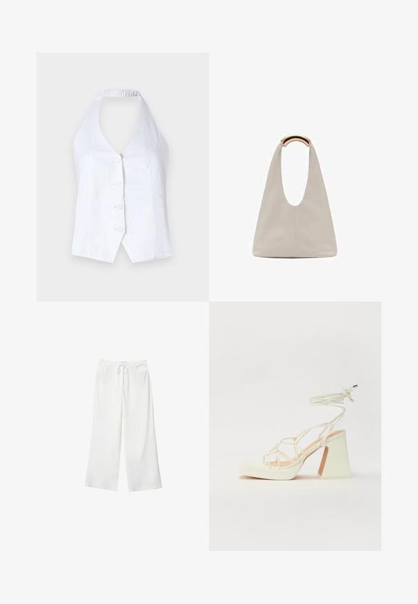 Weißes Top mit Halterneck aus Leinen. Verfügt über einen tiefen V-Ausschnitt, vier Knöpfe vorne und einen elastischen Rücken für eine gute Passform.; Weiße, weite Hosen aus weichem Stoff, mit einem Kordelzug in der Taille und zwei vorderen Taschen. Glatte Textur und keine sichtbaren Muster.; Weiße High-Heel-Sandale mit einem klobigen Absatz, die über ein Riemchendesign und ein Knöchelband verfügt. Glatte Textur mit einer Plattform vorne für zusätzliche Höhe.; Hellgraue Lederhandtasche mit einem U-förmigen Design und einem geschwungenen, metallischen Griff. Glatte Textur mit minimalen Nähten und ohne sichtbare Muster.