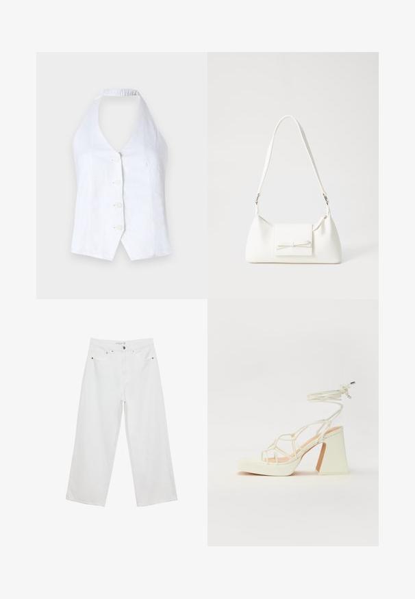 White, halter neck top made of linen. Features a deep V-neck, four buttons down the front, and an elasticated back for fit.; White wide-leg jeans made of denim with a high waist, featuring five pockets and metal hardware accents. Smooth texture, no visible patterns.; White high-heeled sandal with a chunky heel, featuring a strappy design and ankle tie. Smooth texture with a platform front for added height.; White synthetic handbag with a triangular shape, flat front flap and bow detail, adjustable strap, smooth texture, and minimalistic design.