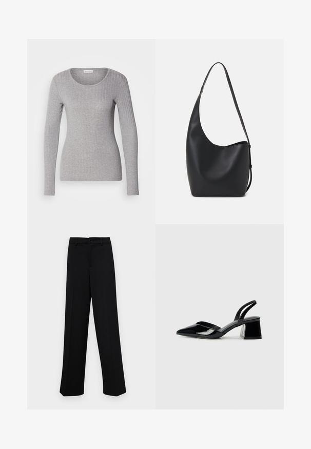 Gray long-sleeve top in ribbed texture, featuring a round neckline and fitted design. Soft fabric with a smooth finish.; Black wide-leg trousers made of smooth fabric, featuring a classic waistband with a button closure and front pleats.; Black patent leather slingback heels with a pointed toe and a geometric block heel. Features a sleek, minimal design and smooth texture.; Black leather hobo bag with a smooth texture, curved shape, and single adjustable strap; features a wide opening at the top.