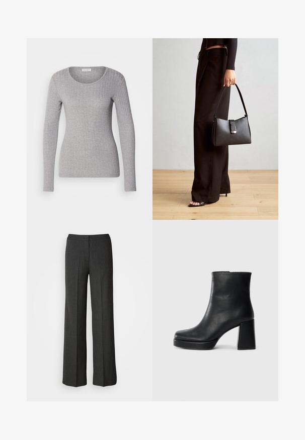 Szürke, hosszú ujjú felső bordázott textúrával, kerek nyakkivágással és testhezálló szabással. Puha, sima felületű anyag.; Sötét szürke, széles lábú nadrág, texturált anyagból készült. Illeszkedő derékpánttal és finom csíkozással rendelkezik.; Fekete bőr bokacsizma tömbsarkal és platform talppal, oldalról nézve, sima fehér háttéren.; Fekete kézi táska strukturált formával, sima textúrával és fémből készült záródással. Széles fekete nadrággal és nyitott orrú szandállal párosítva, fából készült padlón.