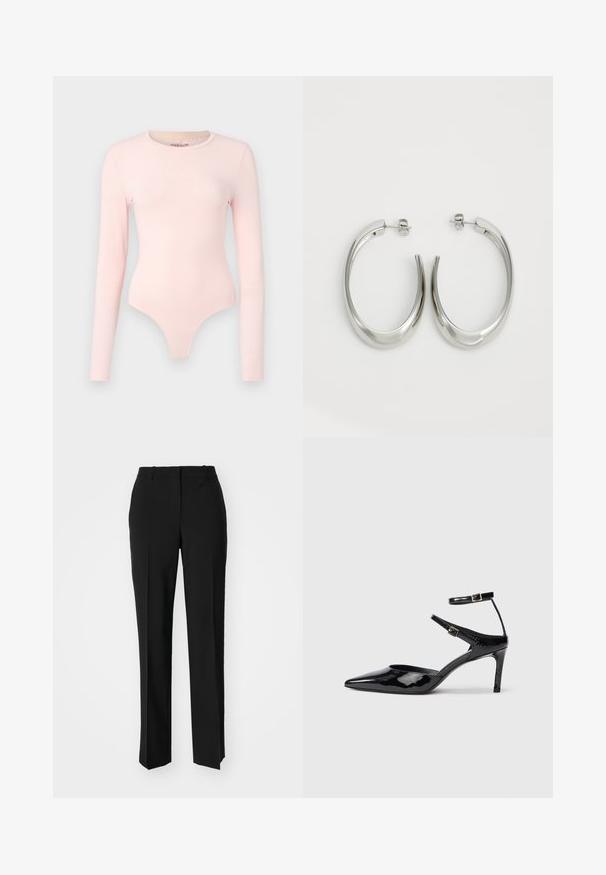 Long-sleeve bodysuit in soft pink fabric, features logo "GUESS JEANS" in white, with a fitted design and thong bottom cut.; Black tailored trousers with a straight-leg design, featuring a smooth texture and crisp creases along the front. No visible hardware.; Black patent leather heels with a pointed toe, adjustable ankle straps, and a slender heel. Smooth texture with a shiny finish.; Silver hoop earrings with a smooth, curved design. Features a shiny metallic finish and stud closure. No visible patterns or accents.