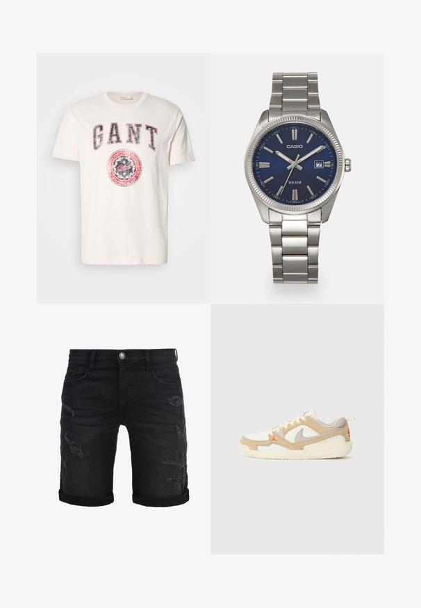 Krēmveida kokvilnas T-krekls ar īsām piedurknēm. Iezīmēti drosmīgi sarkani un zili "GANT" uzraksti un apļa logotips ar tekstu "dibināts 1949. gadā".; Melni džinsi šorti ar sarullētām piedurknēm, ar nodilušām detaļām priekšpusē. Klasiska piecu kabatu dizains ar metāla pogu aizdari.; Balti un bēša sporta apavi ar sietu un ādas paneļiem, pelēkiem akcentiem, sarkanu logotipu un oranžu cilpu. Apaļa purngala un mīkstas zoles dizains.; Sudraba nerūsējošā tērauda rokas pulkstenis ar tumši zilu ciparnīcu, metalizētiem stundu rādītājiem un datuma logu pie pulksten 3. Ūdensizturīgs līdz 50 metriem.